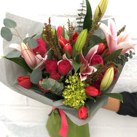 Sweet Bouquet with roses and lily for Valentine's day